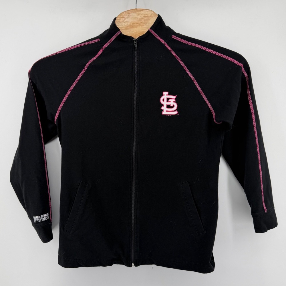 MLB Track Jacket Womens‎ L Black St. Louis Cardinals Full Zip Pink Stitching